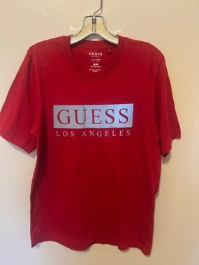 Guess Red Crewneck T-Shirt with Silver Logo Panel
